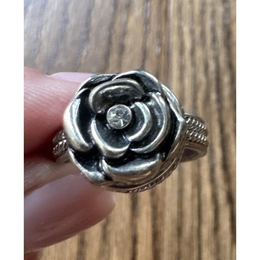 Vintage Rose Flower Ring Clear Center Stone Silver Tone Size 8 Statement